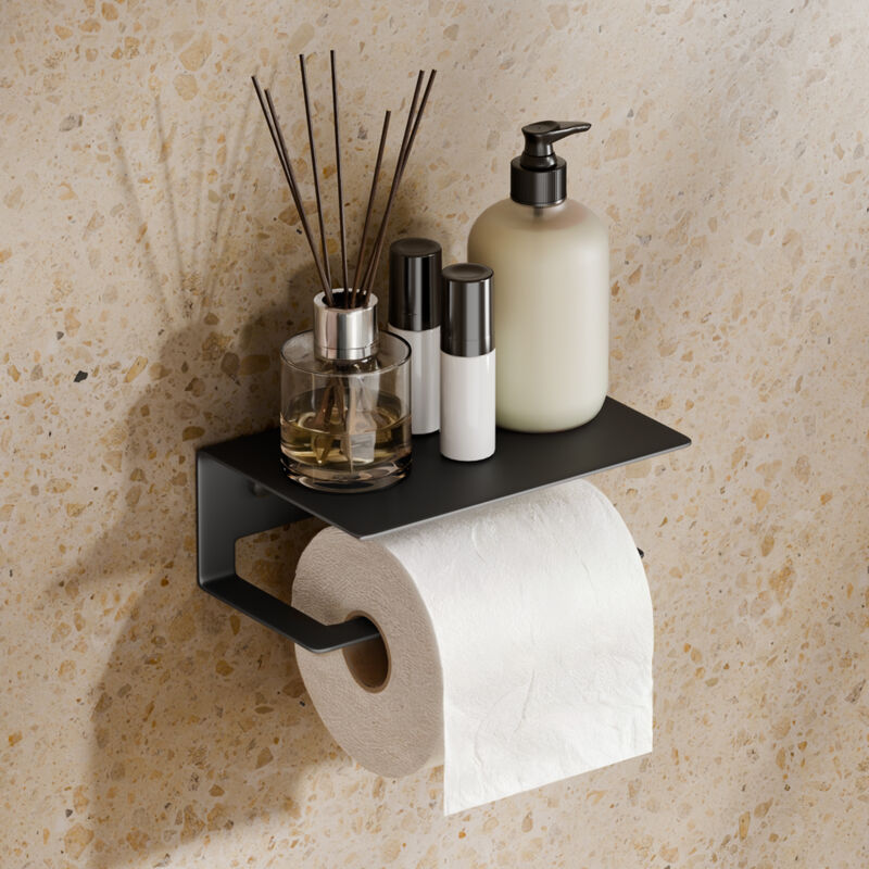 Porte-Papier Toilette avec Étagère, Dérouleur wc Noir Mat, Inox 304, Fixation Sans Perçage ou avec Vis - S'afielina