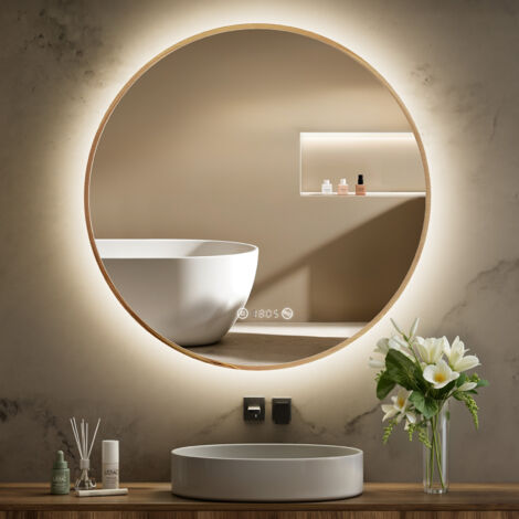 S'AFIELINA Runder Badspiegel LED Badezimmerspiegel mit Beleuchtung,Wandspiegel mit TouchSchalter und Beschlagfrei Taste Neutralweißes Licht,Digitaluhr,IP44 Goldener Metallrahmen 70 cm