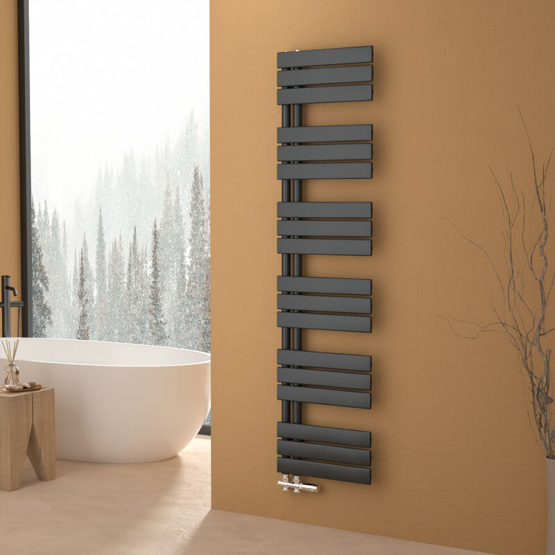 S’AFIELINA Sèche-serviettes eau chaude 684W Lateral connection Tube plat Avec vanne Anthracite 160×400mm