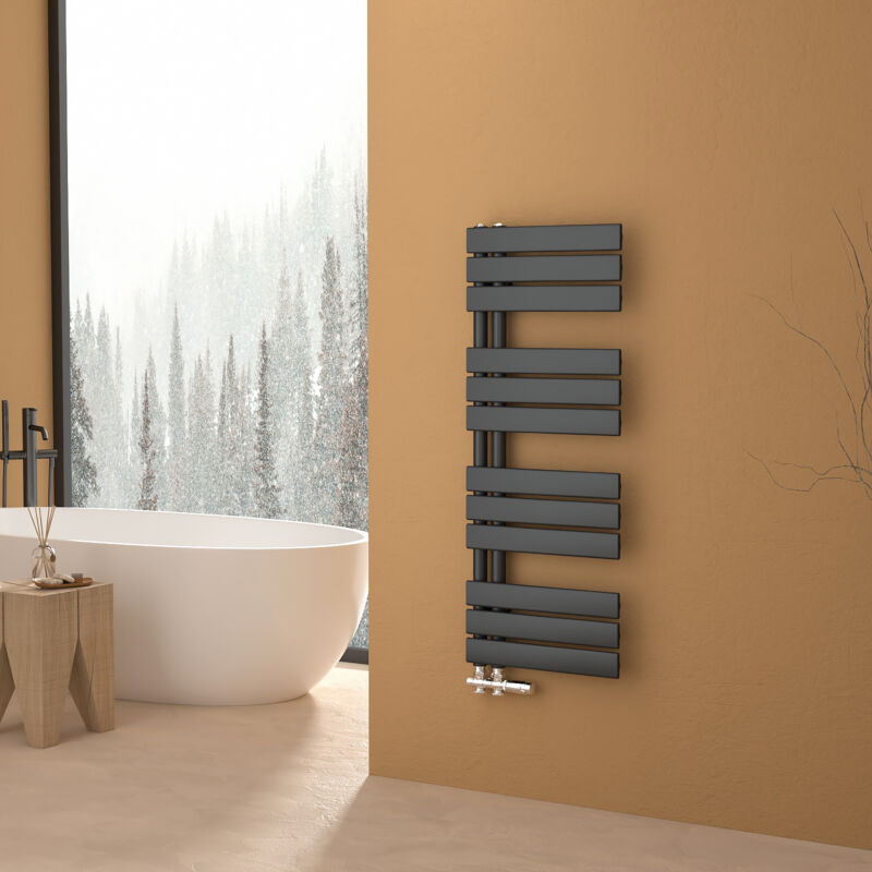 S'afielina - Sèche-serviettes eau chaude 456W Lateral connection Tube plat Avec vanne Anthracite 104.1×400mm