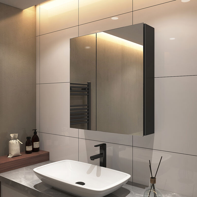 Spiegelschrank aus Holz Zweitüriger Hängeschrank Zweistöckiger Wandschrank Schwarz Badschrank mit Spiegel für Rasieren Schminken, 60 x 65 cm  - Onlineshop ManoMano