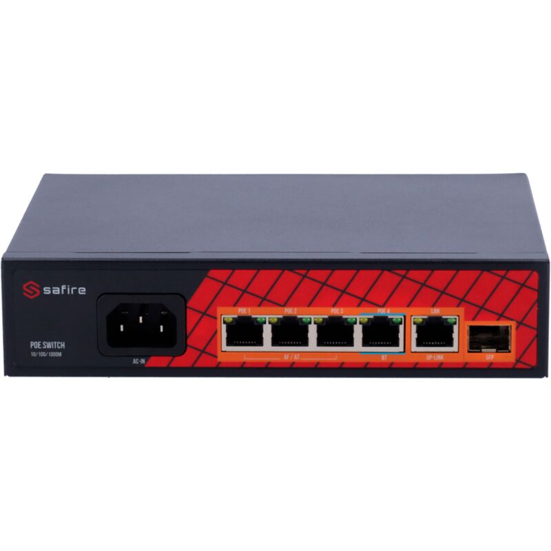 Switch Hi-PoE - 4 ports PoE + 1 Uplink RJ45 + 1 Uplink sfp - Vitesse du port Gigabit 10/100/1000Mbps - 3 Ports PoE+ 30W + 1 Port Hi-PoE 60W - PoE
