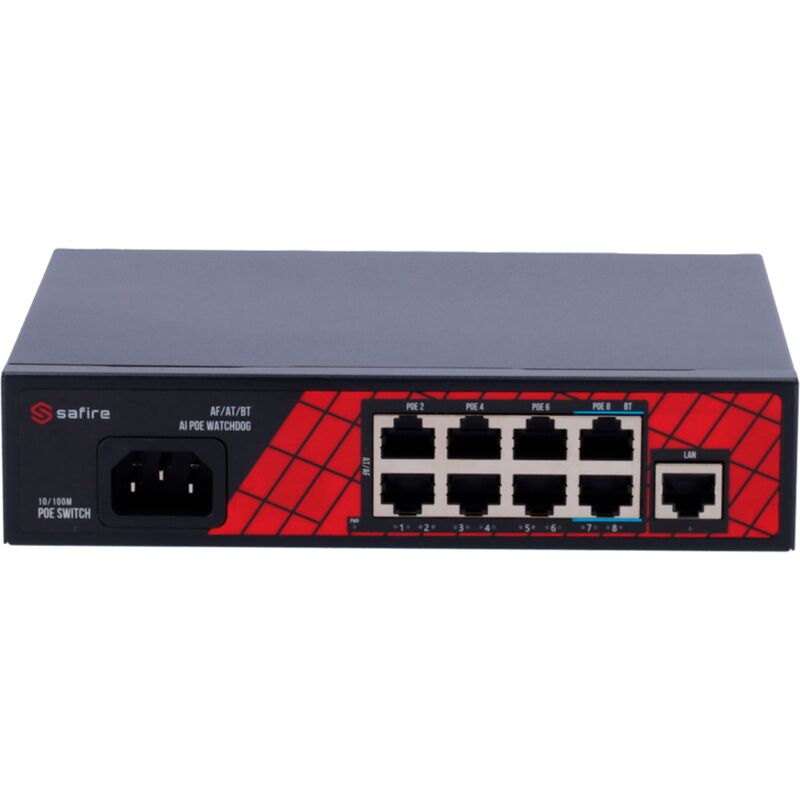 Safire - Switch Hi-PoE - 8 puertos PoE + 1 Uplink RJ45 - Velocidad de puertos 10/100Mbps - 6 Puertos PoE+ 30W + 2 Puertos Hi-PoE 60W - Potencia PoE