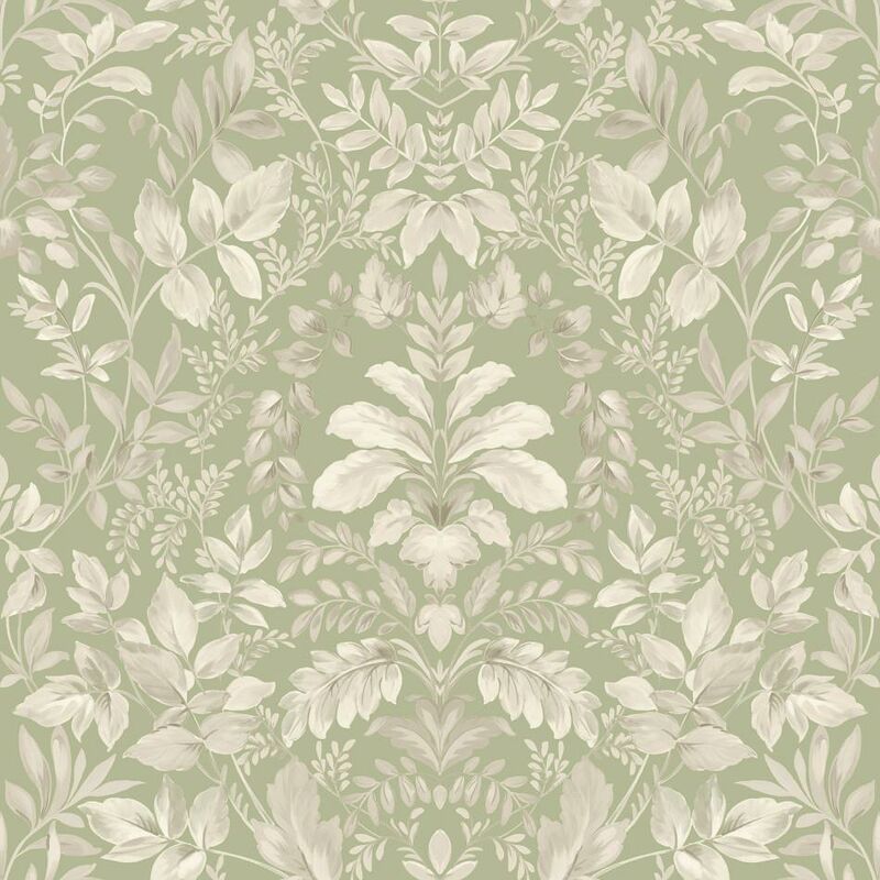 Sage Green Damask Leaf Wallpaper Holden Classic Natural Leaves Tree Floral Cream