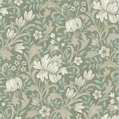 Sage Green Floral Wallpaper Light Blue Leafs Beige Flowers Smooth Matte Grandeco