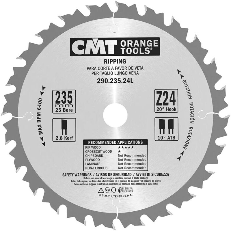 Cmt 290.235.24l Handkreissägeblatt - Längsschnitt 235x2.8x25 Z=24 10° Wechselzahn