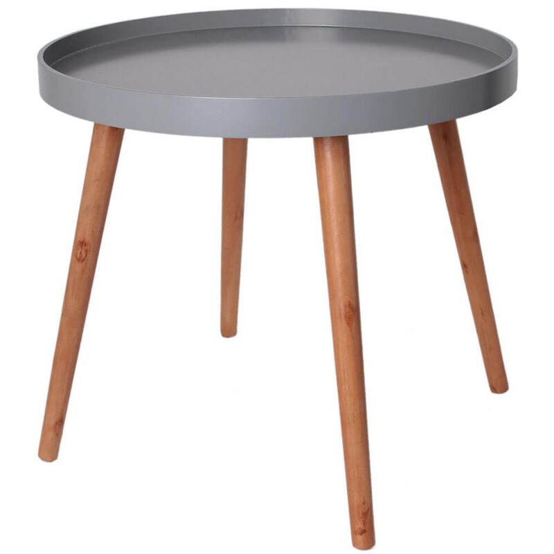 Sahn - Table d'Appoint Ronde Grise et Pieds Bois Massif