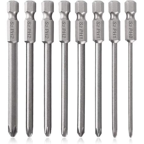 Saiper Lot de 8 embouts de tournevis cruciformes magnétiques à tige hexagonale en acier S2 PH0/PH1/PH2, longueur 75 mm