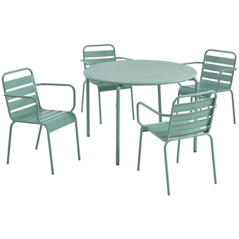 Sala da pranzo da giardino in Metallo Verde acqua MIRMANDE: un tavolo D.110 cm e 4 sedie impilabili