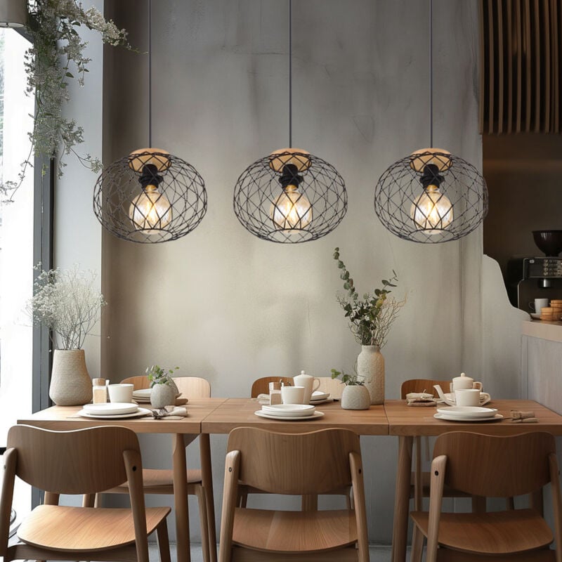 Image of Sala da pranzo lampada a sospensione lampada a sospensione in legno tavolo da pranzo lampada a sospensione vintage nera 3 fiamme legno, gabbia