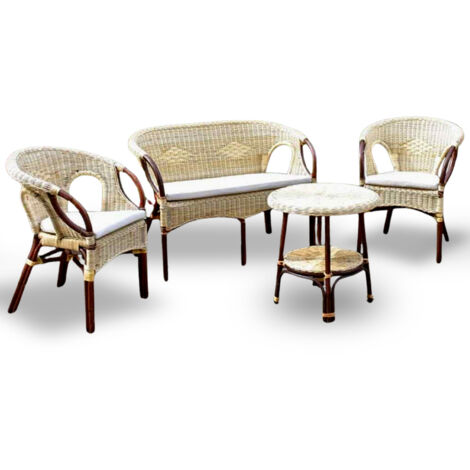 Sala de estar Mandolino en mimbre color nogal con 1 sofá, 2 sillones, 1 mesa