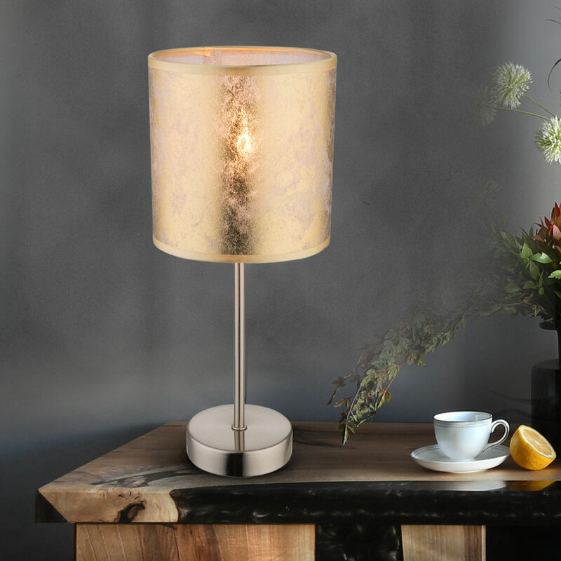 Image of Etc-shop - Lampada da tavolo in tessuto oro lampada laterale paralume in tessuto lampada da comodino oro, metallo nichel, led 5W 350Lm bianco caldo,