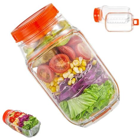 Salad Pod Jar with Side Opening : 1000 ML Leakproof Salads Jar, Salad Pod Mason Jar Side Open Snack Box with Lid Suitable for Office, Gym, Picnic - Orange
