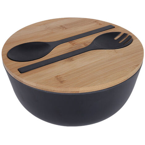 Saladier en fibre de bambou avec couverts - Grand saladier de 25 cm en bambou massif avec couvercle et cuillère en bambou, idéal pour les fruits, les salades et la décoration.