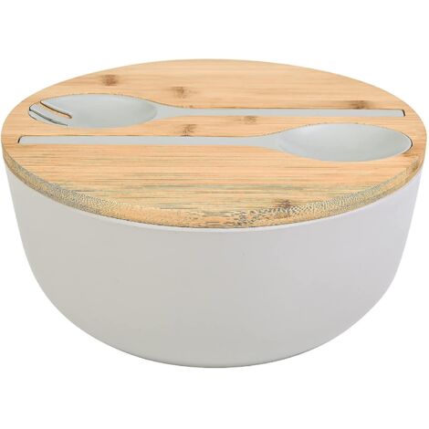 Saladier en fibre de bambou avec ensemble de serveurs - Grands bols de mélange de 9,8 pouces Salade en bambou solide Bol en
