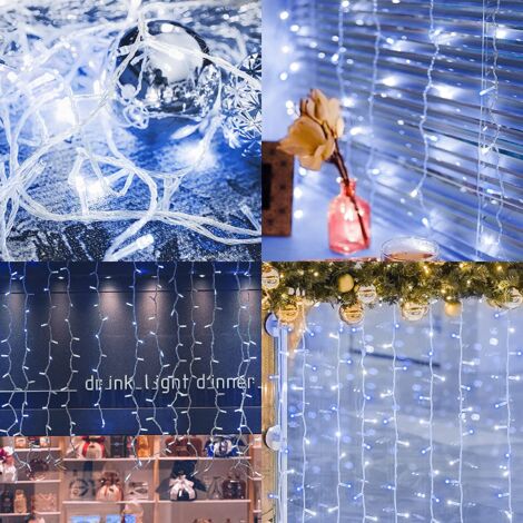 SALCAR 5m LED Eisregen Lichterkette Außen Innen, Lichtervorhang Fenster Weihnachten, Weihnachtsbeleuchtung Strom 31V mit 8 Beleuchtungsmodi und Memory-Funktion, Blau-Weiß