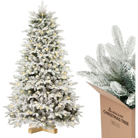 SALCAR Künstlicher Weihnachtsbaum mit Beleuchtung 180 cm, Schnee Tannenbaum Künstlich mit 330 LED, Handschuhen, Holzständer