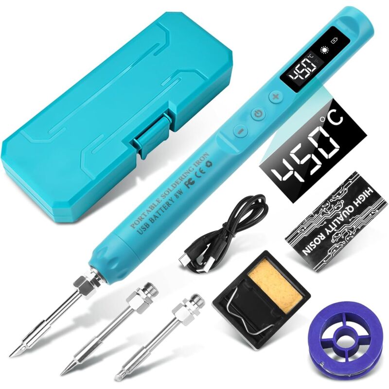 Saldatore portatile, senza fili e ricaricabile tramite USB-C con schermo LCD, temperatura regolabile (200°C - 450°C), dotato di 3 punte, ideale per