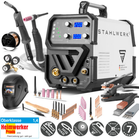 Saldatrice STAHLWERK combinata 3 in 1 MTM-200 ST - completamente attrezzata - TIG, MIG/MAG, MMA/Mano fino a 200 A, avanzamento filo sinergico, azionamento a 4 rulli, accensione HF, filo animato adatto