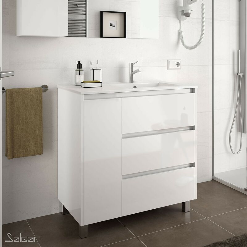 Mueble de baño ARENYS 85 cm 1 puerta izquierda BLANCO BRILLO+ Lavabo - Blanco brillo