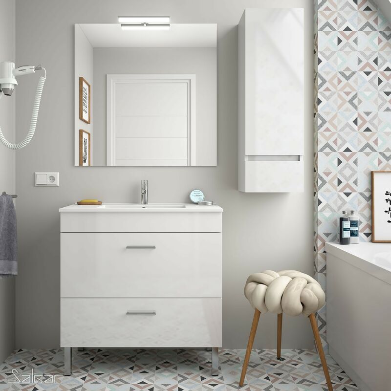 

Conjunto mueble de baño ALMAGRO 60 BLANCO BRILLO+ Lavabo + Espejo + Aplique - Blanco brillo