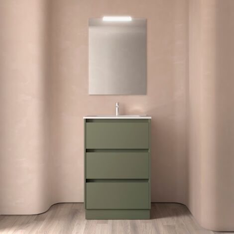 Salgar Noja Komplett-Set 600 3 Schubladen GREEN SATIN + Waschtisch + Spiegel + Leuchte