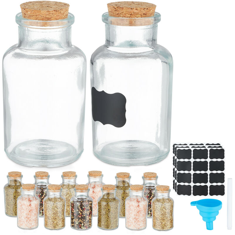Salière et poivrière, couvercle, lot de 14, 150 ml chacun, étiquettes, marqueur, entonnoir, transparent - Relaxdays