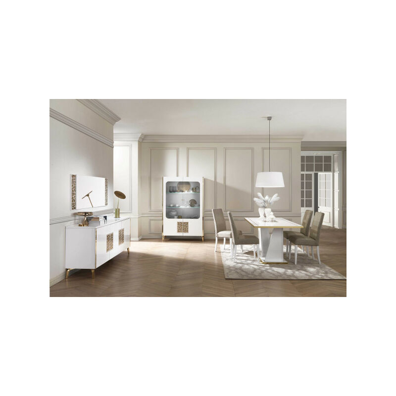 TMM - Salle à manger complète Blanc brillant/Or - nahesa - Table de repas : l 160 x l 90 x h 77 cm Buffet : l 180 x l 48 x h 83 cm Miroir : l 150 x l