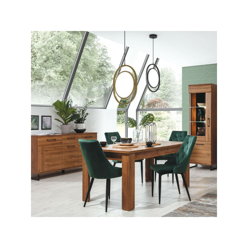 TMM - Salle à manger Complète Chêne foncé - varsovie - Table : l 160/200 x l 90 x h 76 cm Buffet : l 150,5 x l 40 x h 84,5 cm Vitrine : l 58 x l 40 x