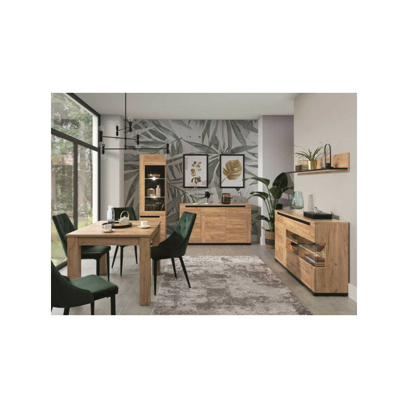 TMM - Salle à manger complète Chêne miel - cospri - Table de repas : l 112/145/178 x l 90 x h 76 cm Etagère : l 150 x l 23 x h 22 cm Vitrine : l 55 x