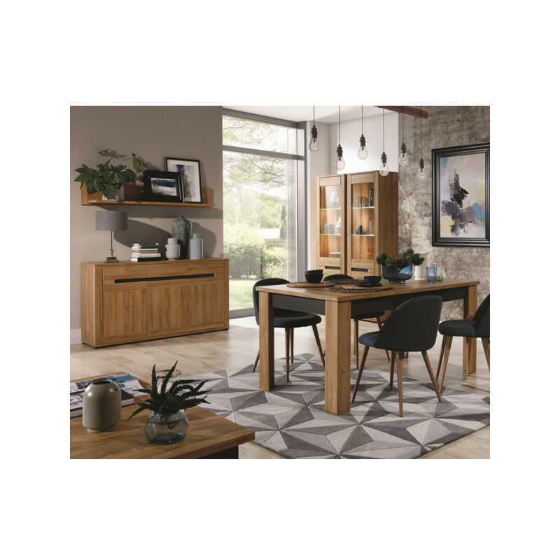 TMM - Salle à manger Complète Chêne/Gris - cracovie - Table : l 160/200 x l 90 x h 76 cm Buffet : l 149 x l 39,5 x h 85 cm Vitrine : l 58 x l 39,5 x