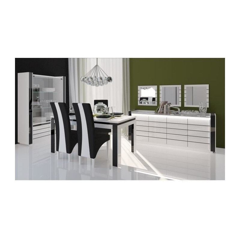 Salle à manger complète LINA blanche et noire. Buffet + Vaisselier + Table 180 cm + 6 x chaises + Miroirs - Blanc