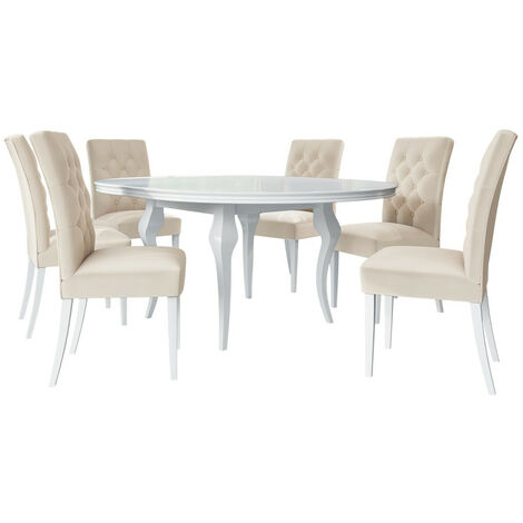 Salle à manger complète Racine 138, Blanc brillant + Magic Velvet 2250, 76x0x0cm, Diamètre: 120, Nombre de places: 6, Style: Contemporary