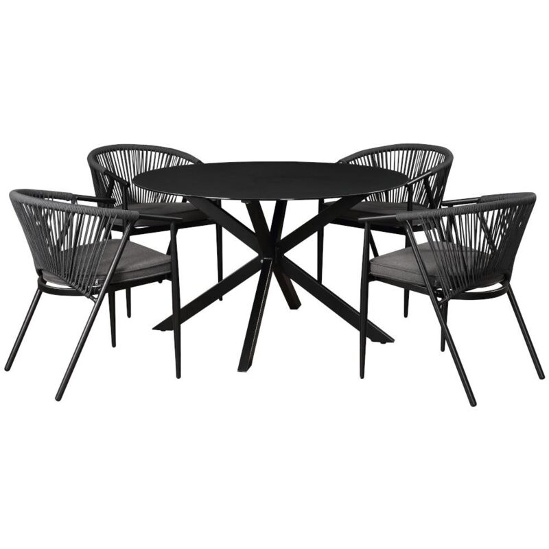 Vente-unique - Salle à manger de jardin en aluminium et cordes : une table ronde D.120 cm et 4 fauteuils empilables - Anthracite - portofino de mylia