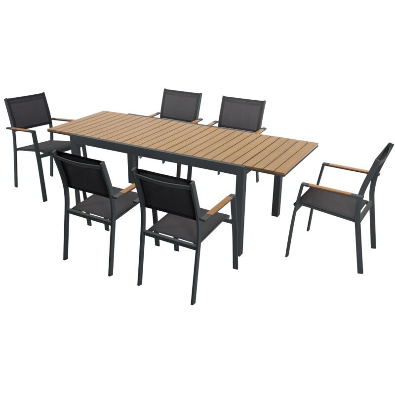 Vente-unique - Salle à manger de jardin en aluminium et polywood : une table extensible L.170/230 cm et 6 fauteuils empilables - Naturel clair et