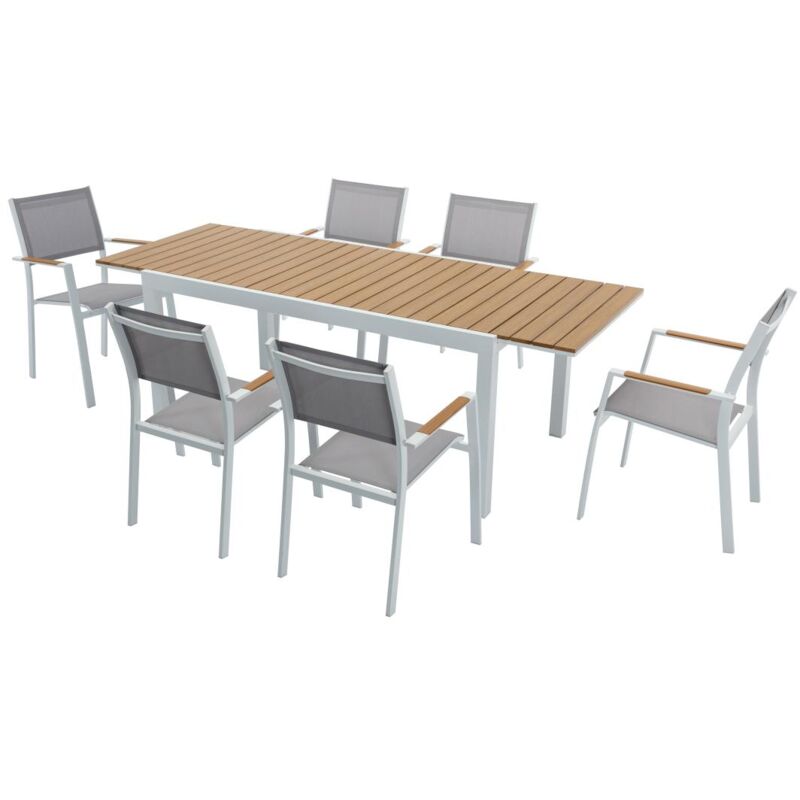 Salle à manger de jardin en aluminium et polywood : une table extensible L.170/230 cm et 6 fauteuils empilables - Naturel clair et gris - MACILA de