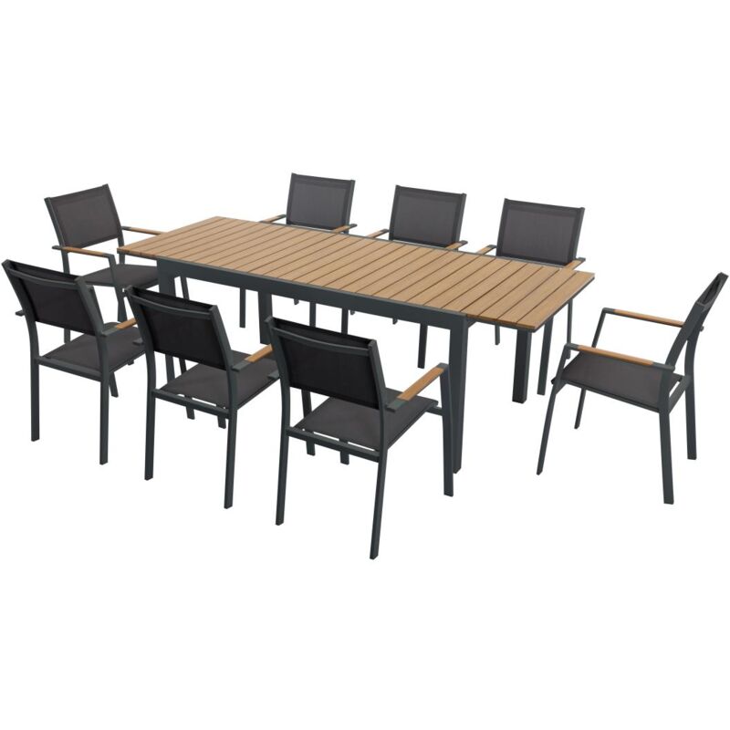 Salle à manger de jardin en aluminium et polywood : une table extensible L.170/230 cm et 8 fauteuils empilables - Naturel clair et anthracite