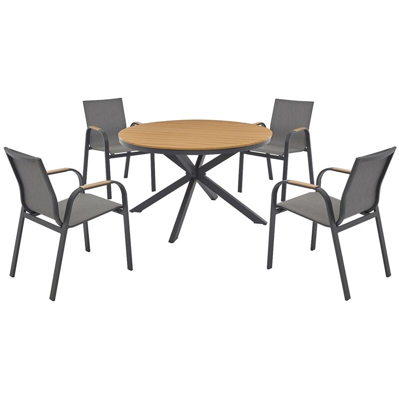 Salle à manger de jardin en aluminium : la table ronde D.125 cm et 4 fauteuils - Anthracite et naturel clair - ZEYVA de MYLIA Salle à manger de jardin en aluminium : la table ronde D.125 cm et 4 fauteuils - Anthracite et naturel clair - ZEYVA de MYLIA