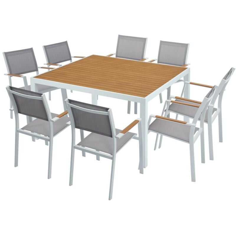 Vente-unique - Salle à manger de jardin en aluminium : une table carrée L.140 cm et 8 fauteuils empilables - Naturel clair et gris - macila de mylia