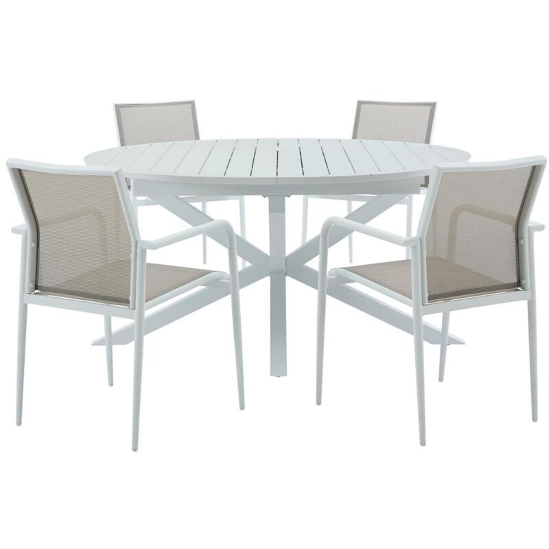 Vente-unique - Salle à manger de jardin en aluminium : une table extensible L.150/200 cm et 4 fauteuils empilables - Gris clair et blanc - yoha de