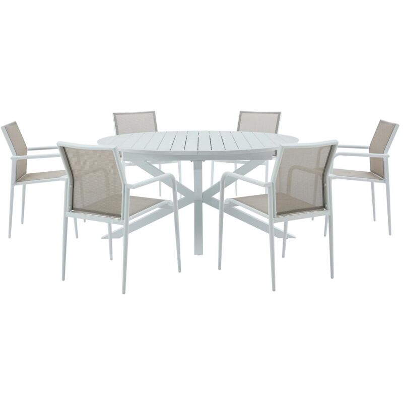 Vente-unique - Salle à manger de jardin en aluminium : une table extensible L.150/200 cm et 6 fauteuils empilables - Gris clair et blanc - yoha de
