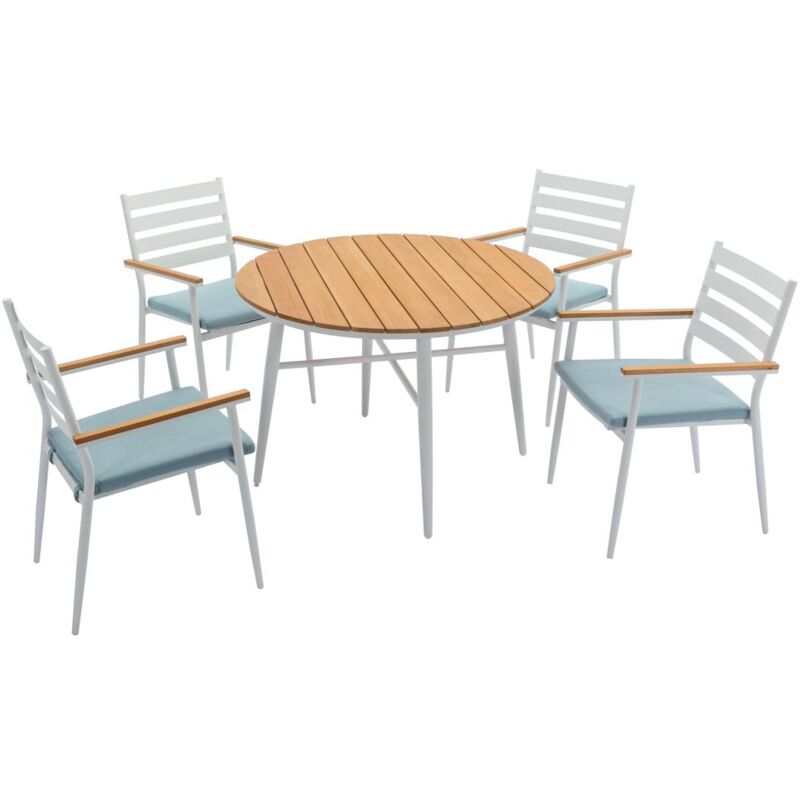 Vente-unique - Salle à manger de jardin en bois et aluminium : une table D.110 cm et 4 fauteuils - Blanc et naturel clair - miami de mylia