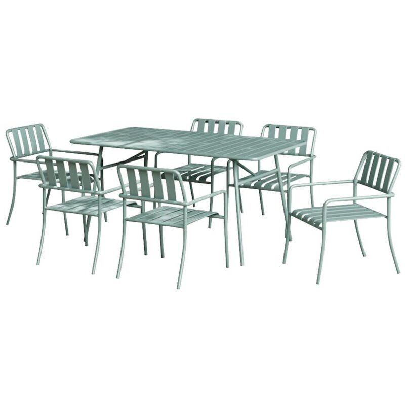 Vente-unique - Salle à manger de jardin en métal : la table L.160 cm et 6 fauteuils - Vert amande - birmos de mylia