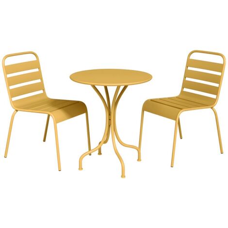 Salle à manger de jardin en métal - une table D.60cm et 2 chaises empilables - Jaune moutarde - MIRMANDE de MYLIA