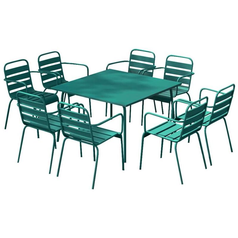 Vente-unique - Salle à manger de jardin en métal - une table L.120 cm et 8 fauteuils empilables - Bleu canard - mirmande de mylia