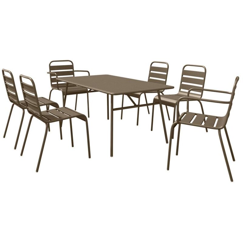 Vente-unique - Salle à manger de jardin en métal - une table L.160 cm avec 2 fauteuils empilables et 4 chaises empilables - Taupe - mirmande de mylia