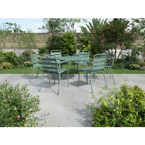 Salle à manger de jardin en métal - une table ronde D.130cm et 6 fauteuils empilables - Vert amande - MIRMANDE de MYLIA