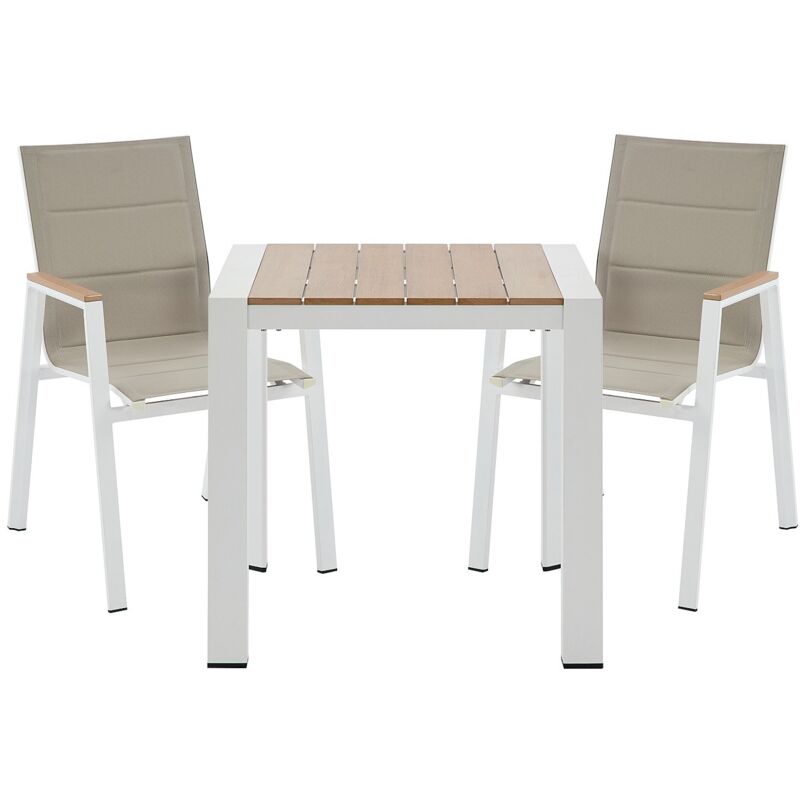 Salle à manger de jardin en aluminium : une table L.80 cm et 2 fauteuils empilables - Naturel clair et blanc - LIOUS de MYLIA Salle à manger de jardin en aluminium : une table L.80 cm et 2 fauteuils empilables - Naturel clair et blanc - LIOUS de MYLIA