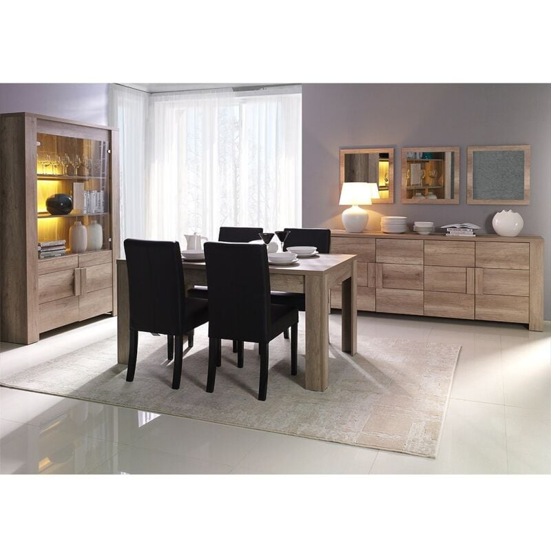 Meublorama - Salle à manger farra : buffet, vitrine, 3 miroirs et table 180cm avec led