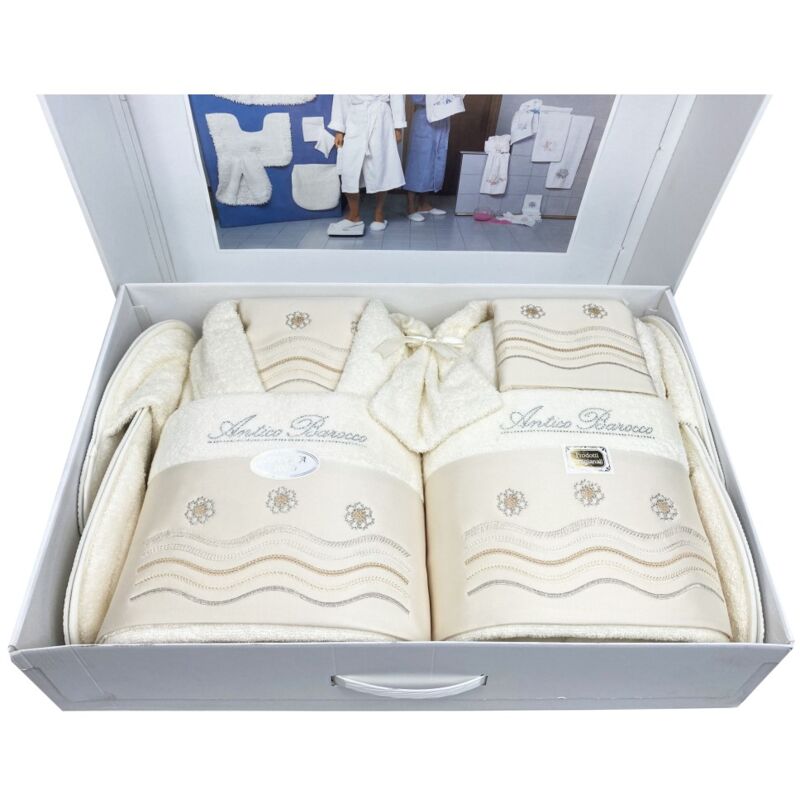 Tex Family – Salle de bain complète en éponge brodée – 14 pièces avec 2 peignoirs, 2 serviettes, 4 chaussons – Design antique baroque – Made in Italy